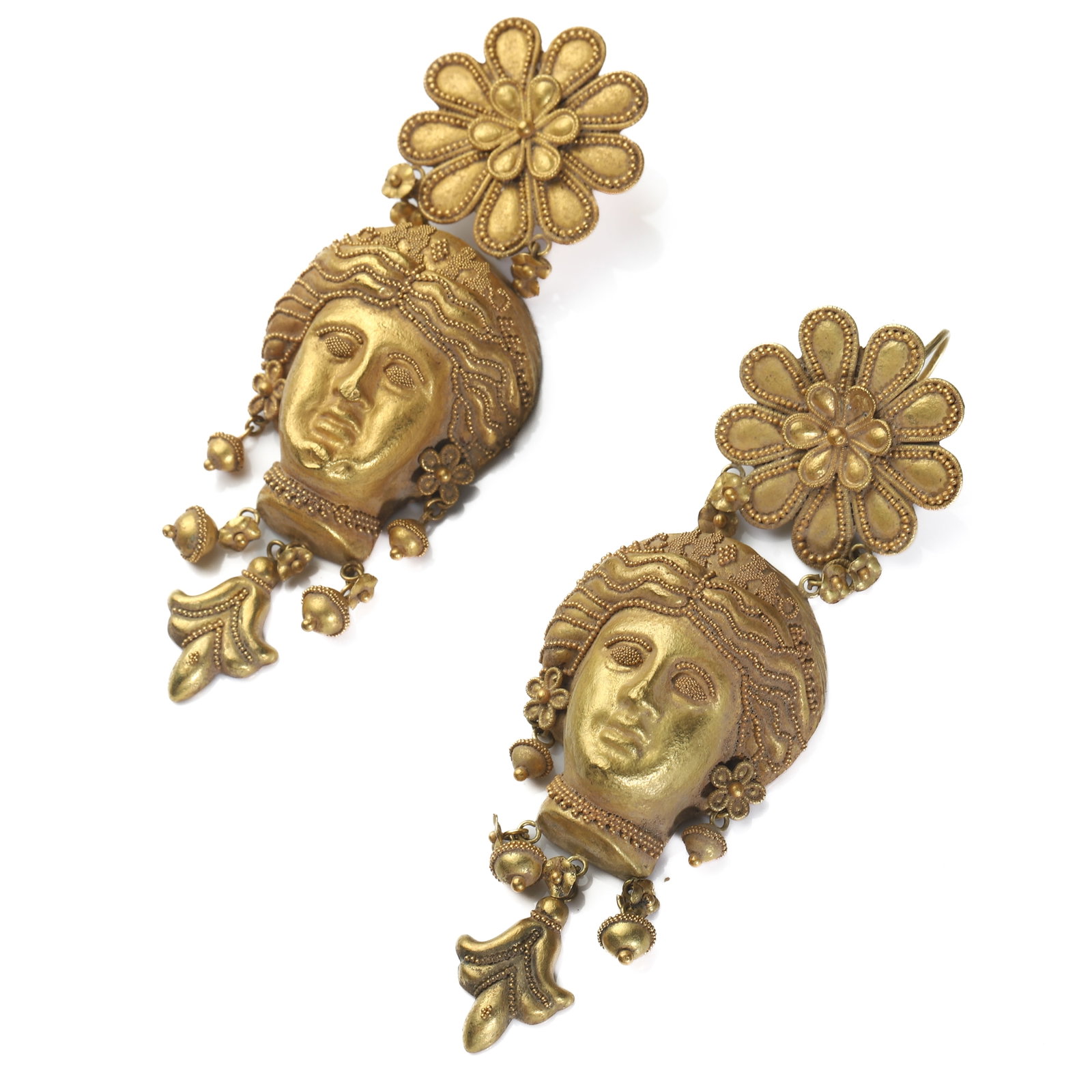 A PAIR OF ANCIENT ROMAN GOLD GODDESS REPOUSSÉ AND GRANULATION EARRINGS: Dimensions Each: 3 3/8 × 1 1/8 in. (8.5 × 2.8 cm) Total Weight 31.58g Description A rare pair of Ancient Roman gold earrings dating to the Roman period, circa 753 B.C.–A.D. 476. Each earring is