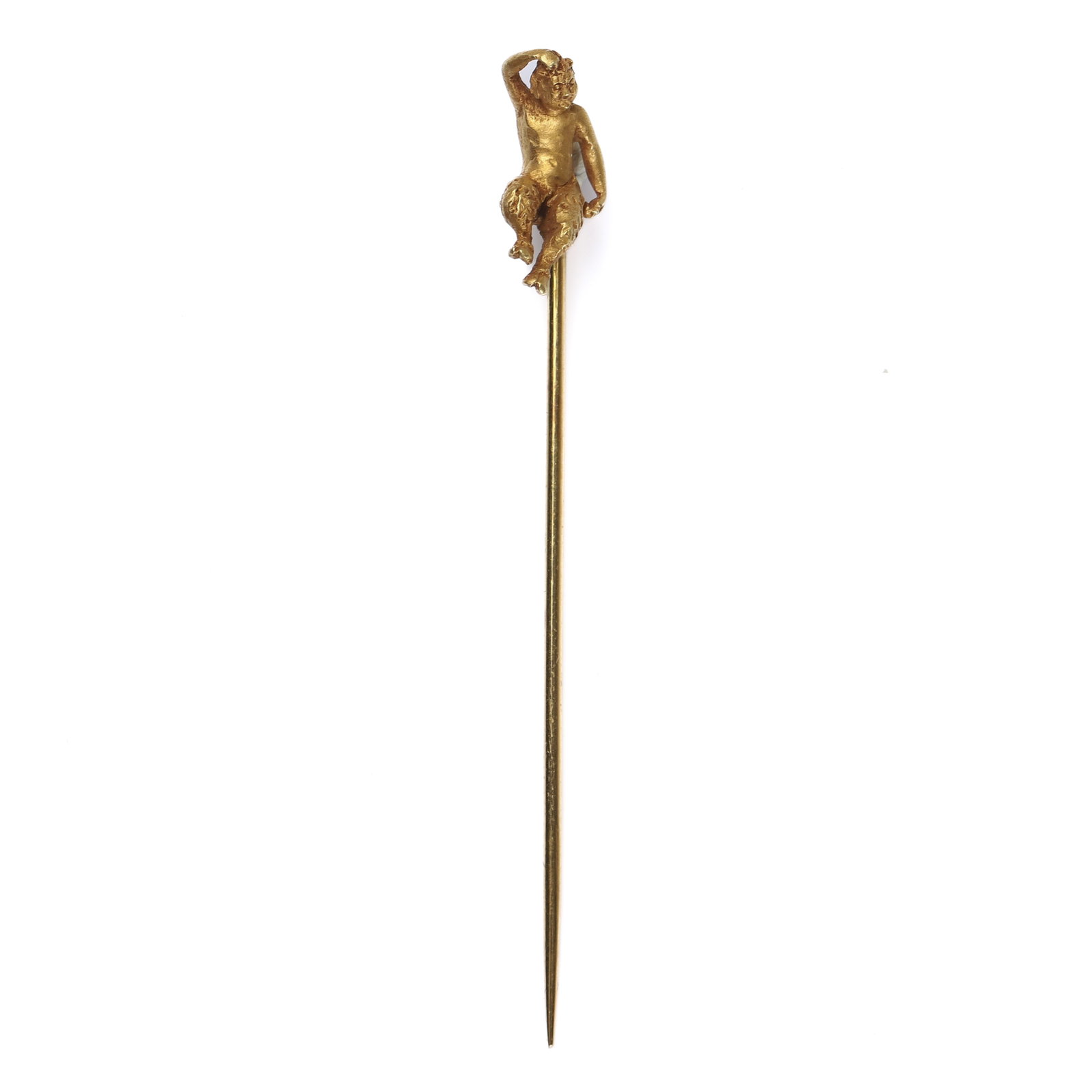 FRENCH ANTIQUE GOLD CHERUB STICK PIN: Dimensions Length: 2 3/8 in (60 mm); Weight: 2.7 g Description A finely crafted French antique stick pin, executed in solid gold and surmounted by a sculptural cherub figure rendered in high relief. T