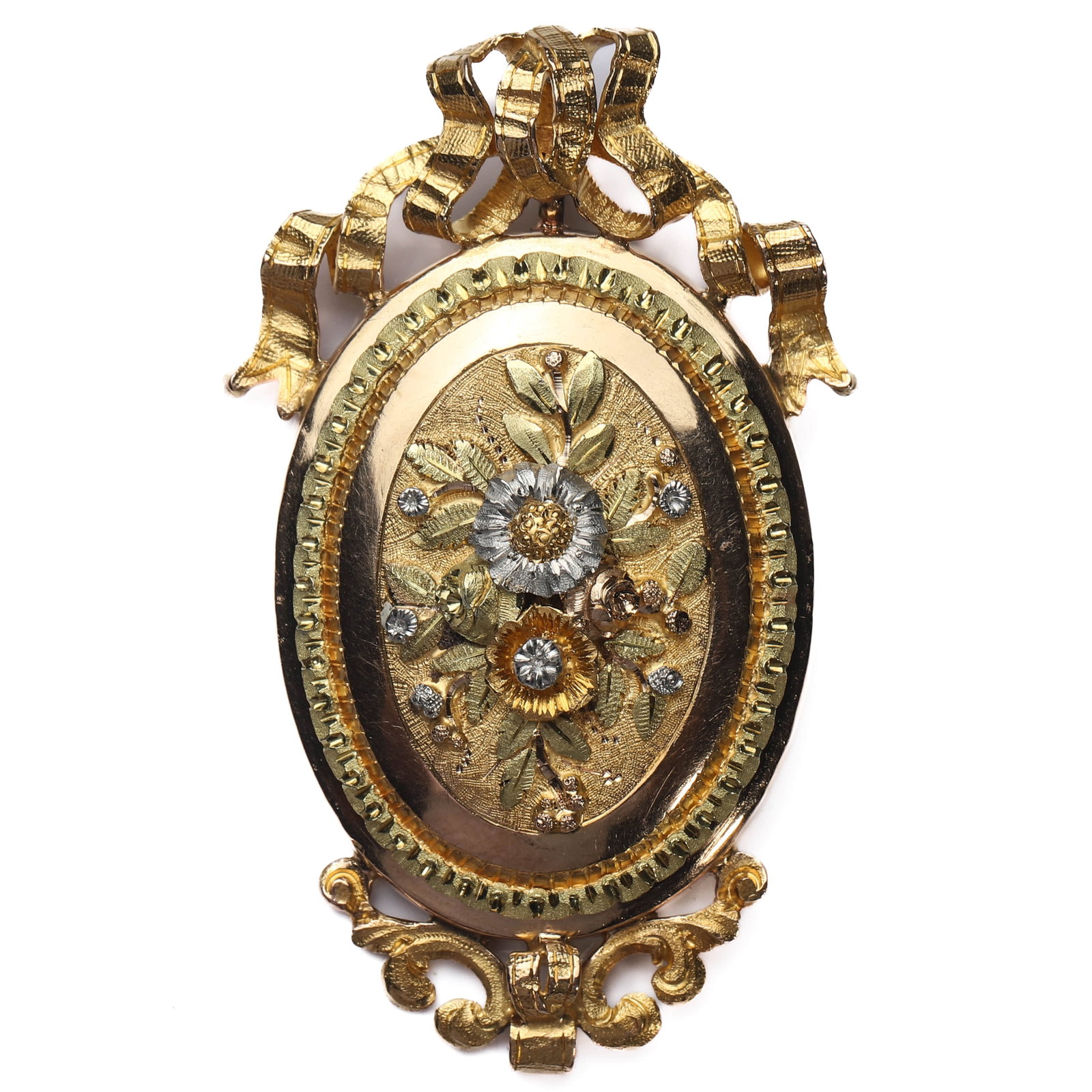 FRENCH NAPOLEON III FOUR-COLOR GOLD FLORAL BROOCH, CIRCA 1852–1870: Dimensions Height 1 15/16 in. (49.8 mm) Width 1in. (25.8 mm) Weight 10g Description A finely handcrafted French Napoleon III period floral brooch, The oval-form jewel is centered with an elaborate