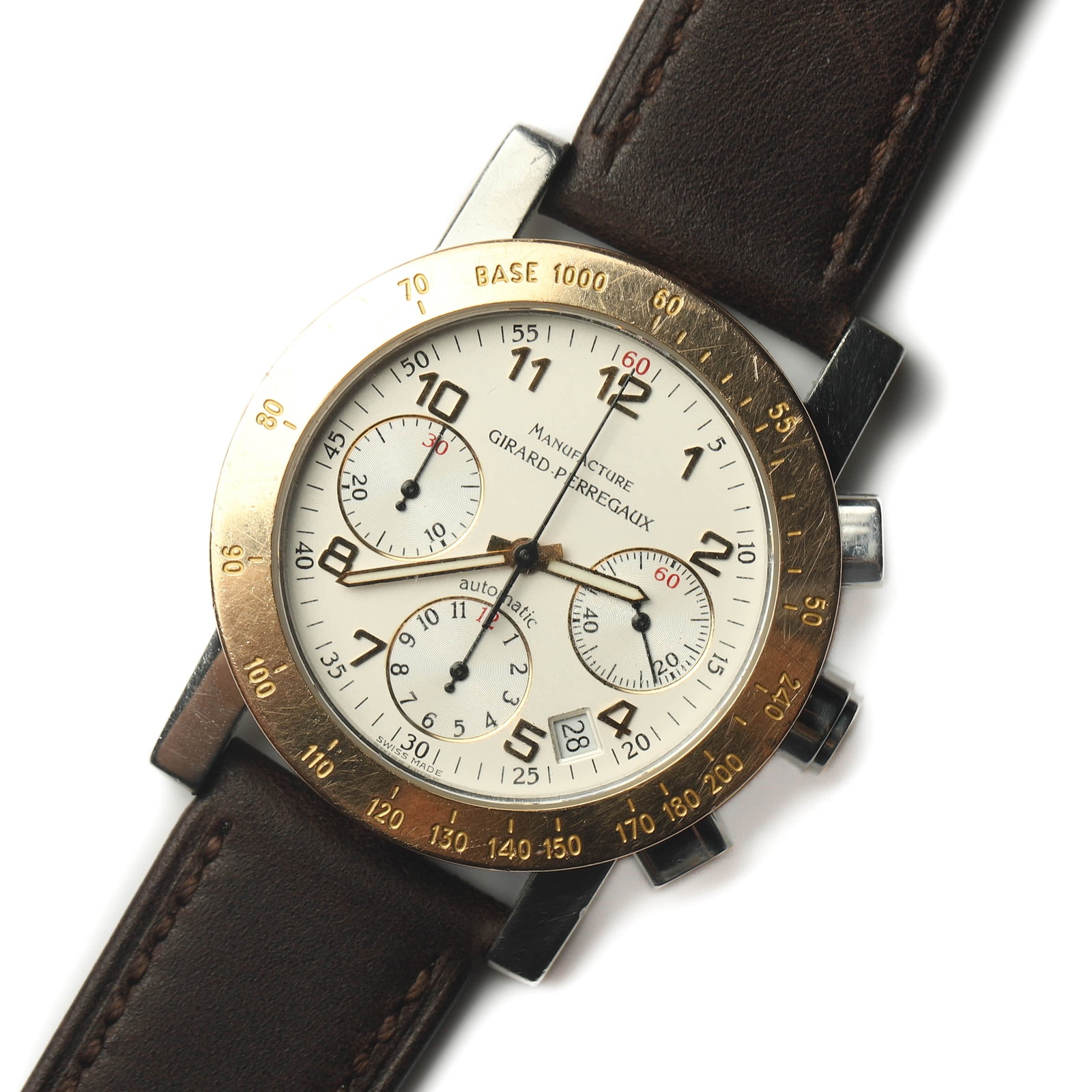 GIRARD-PERREGAUX AUTOMATIC CHRONOGRAPH WRISTWATCH, REF. 7030: Dimensions Case Diameter: 1 5/8 in. (41.1 mm) Overall Length: 9 5/8 in. (24.4 cm) Weight: 81.5 g Description A Girard-Perregaux automatic chronograph wristwatch, Reference 7030, featuring a stainless 