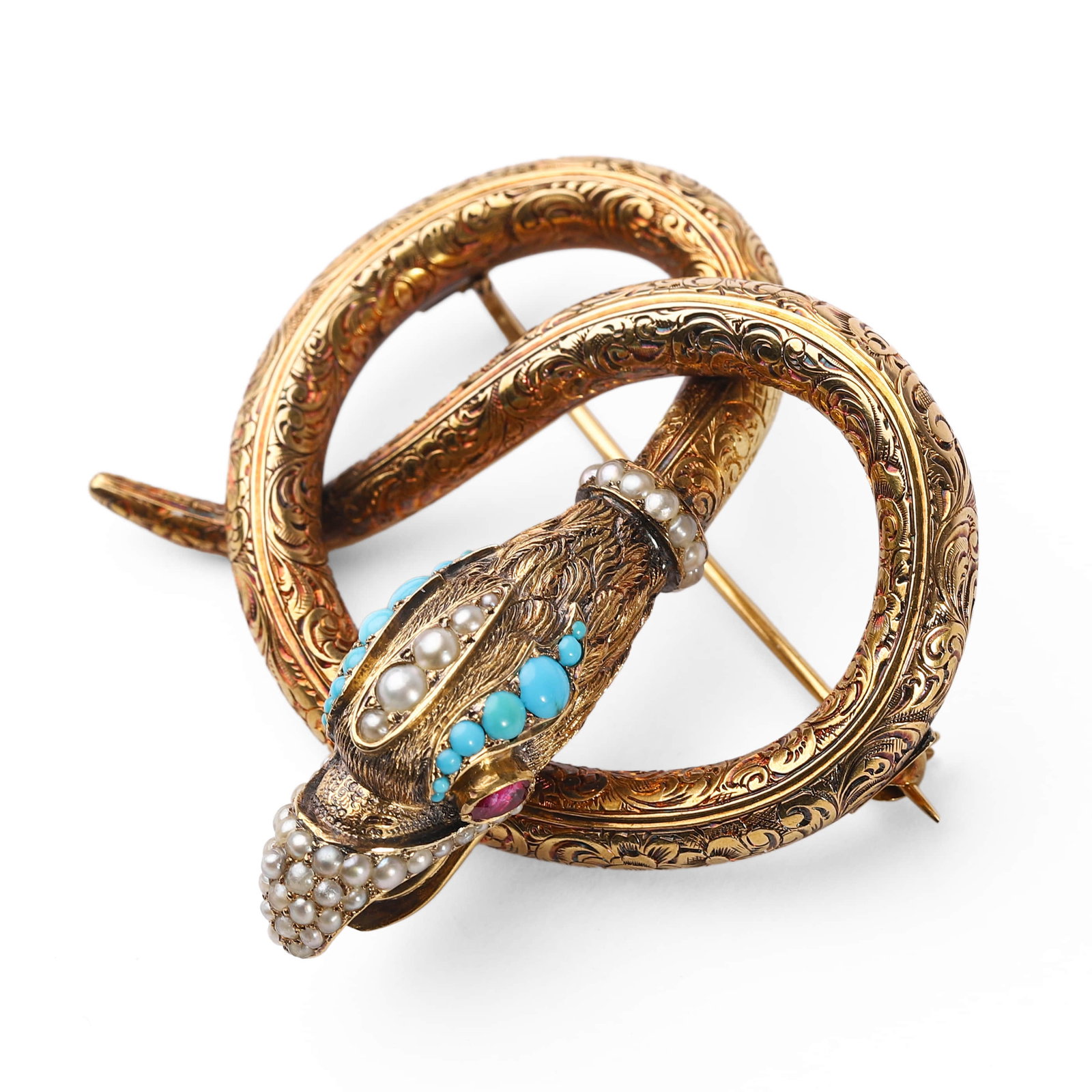 A BRITISH GEORGE PERIOD HIGH-KARAT GOLD, PEARL, TURQUOISE AND RUBY BROOCH, ARISTOCRATIC COMMISSION: Dimensions Length: 2 1/16 in. (52 mm); Width: 1 7/8 in. (47 mm); Weight: 22 g Description An exceptional jewel from the George period (1714–1837), exquisitely handcrafted in high-karat gold prior to