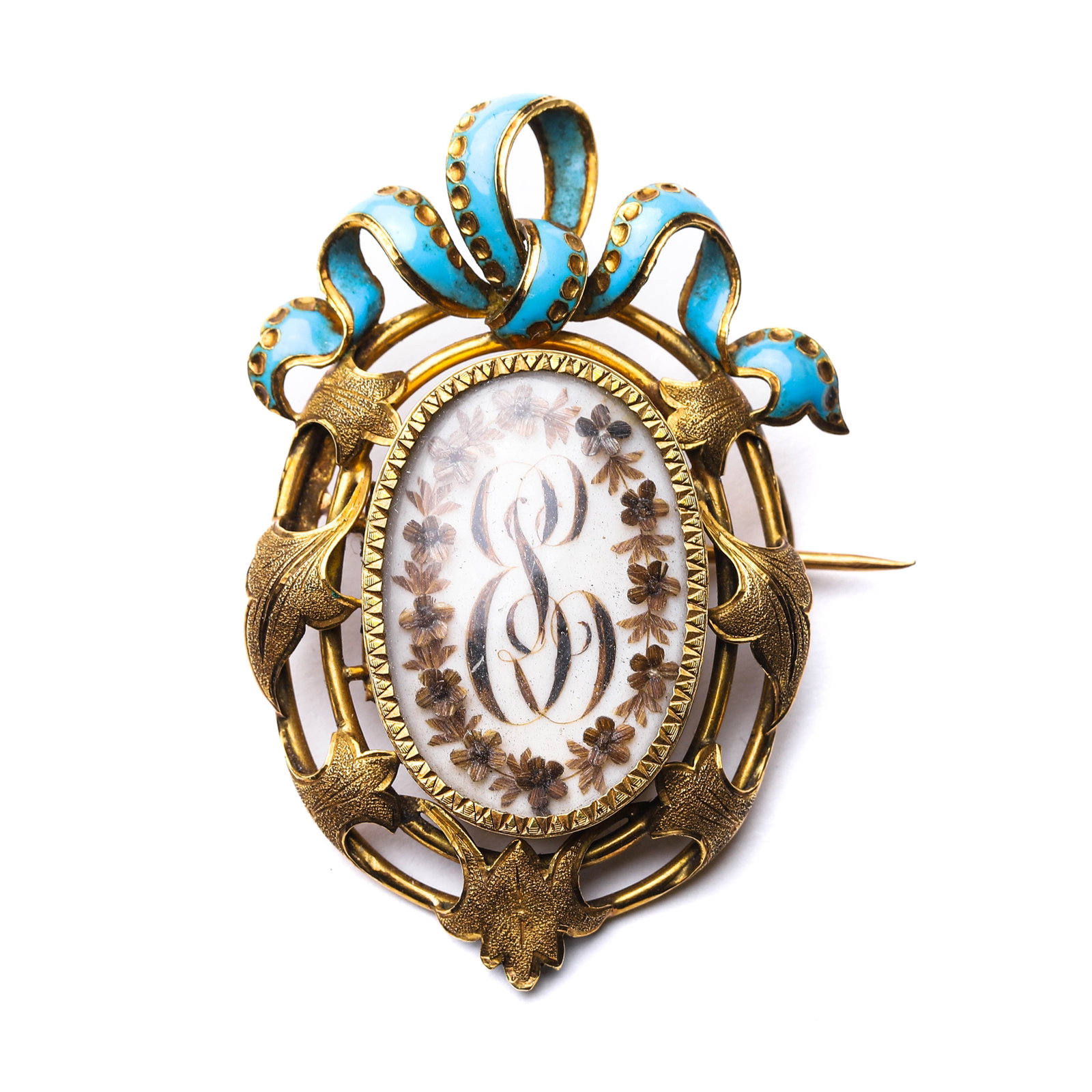 14K GOLD GEORGIAN ERA (1714-1837) BRITISH ARISTOCRATIC CUSTOM GOLD ENAMEL RIBBON BOW BROOCH: Dimensions Length 2 1/8 in. (54 mm) Width 1 7/16 in. (36 mm) Weight 13.7g Description This is a George-period pendant, meticulously crafted in high-karat gold, predating standardized gold content, whi