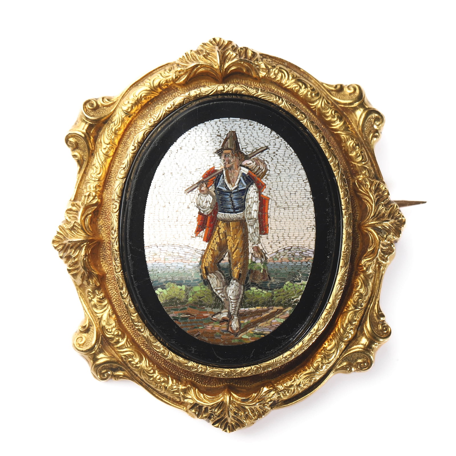 GEORGIAN PERIOD MICROMOSAIC PORTRAIT GOLD BROOCH: Dimensions Length 2 5/64 in (53 mm) Width 1 57/64 in (48 mm) Weight 22.85 g Description Georgian Period (1714–1837). An exceptional antique micromosaic brooch representing the pinnacle of European
