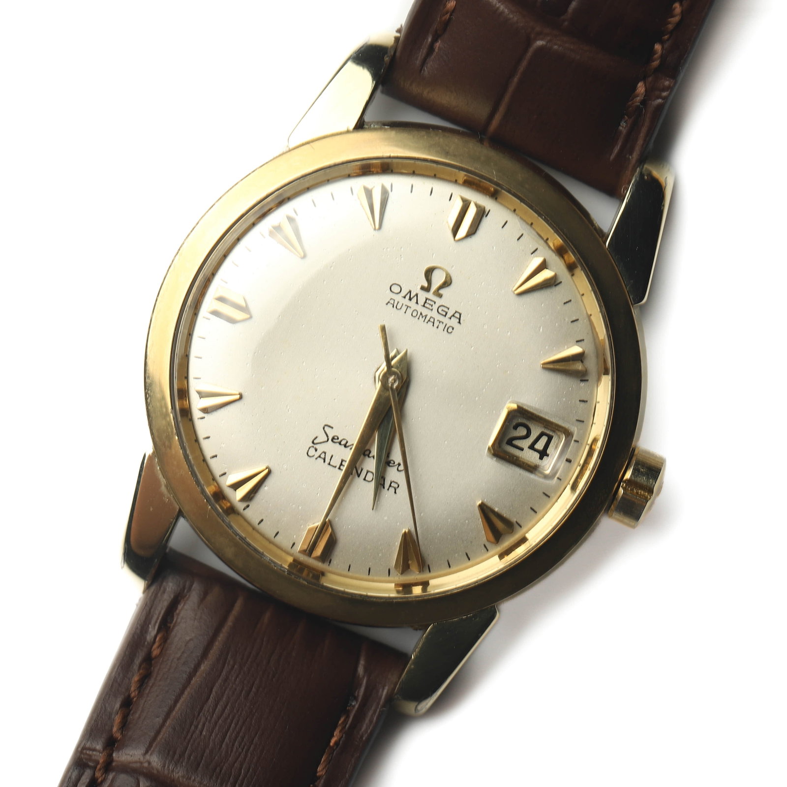 OMEGA SEAMASTER CALENDAR AUTOMATIC GOLD-PLATED WRISTWATCH: Dimensions Overall Length 9 1/16 in. (23 cm) Case Diameter 1 7/16 in. (3.67 cm) Weight 45.8 g Description An Omega Seamaster Calendar automatic wristwatch featuring a gold-plated case, silver
