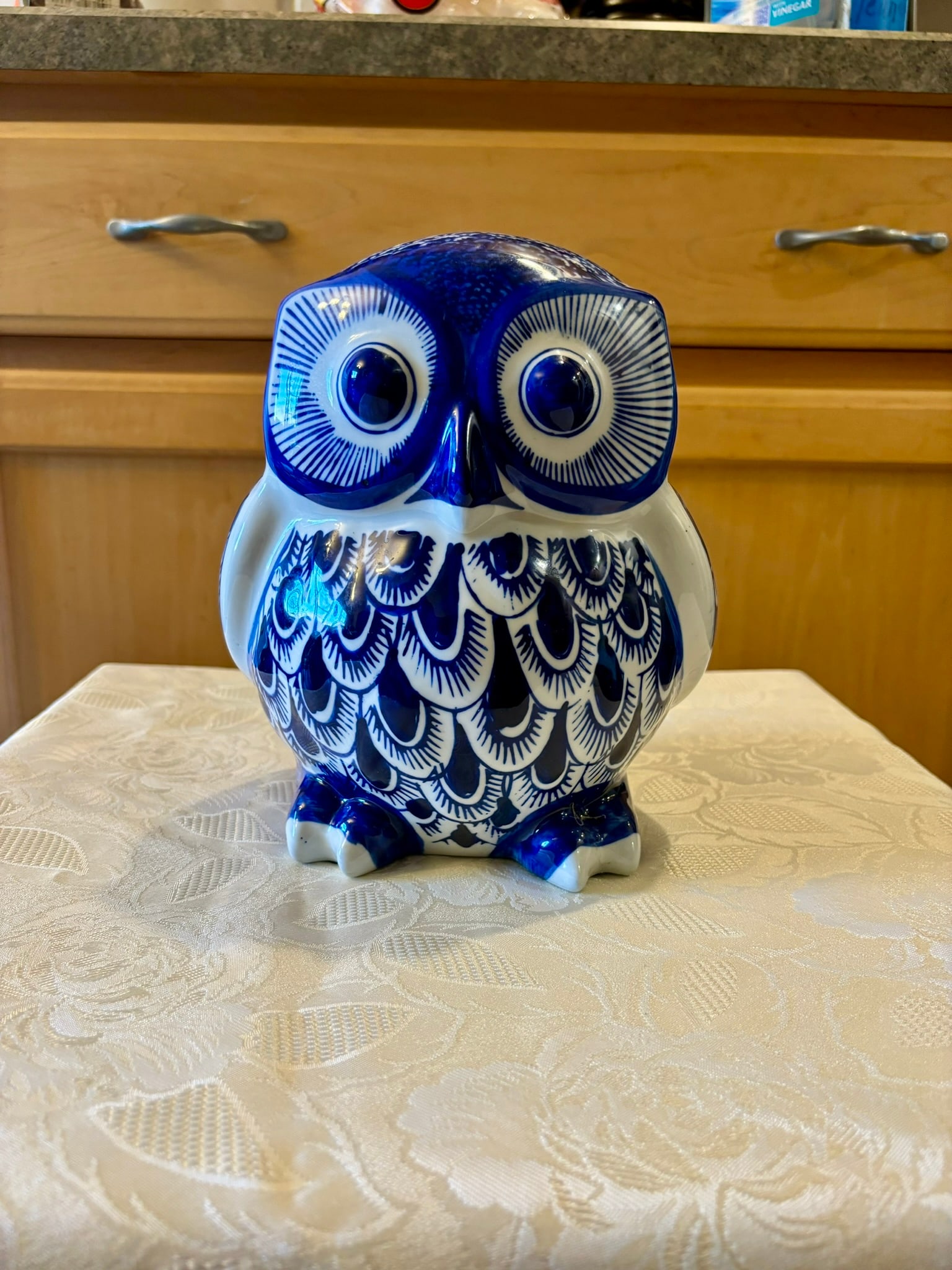 Vintage Blue and White Ceramic Owl: 9"H
