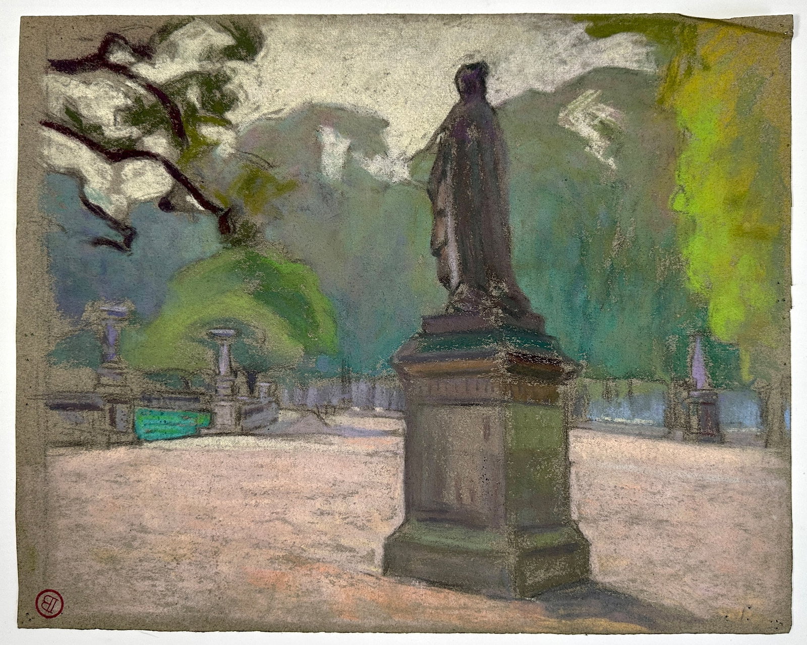 Auguste BOUCHET (France, 1876-1937) double side artwork: Auguste BOUCHET (France, 1876-1937) Park sculpture and Village view (early 20th century). Pastel on paper. Dimensions 13 x 16 1/4 inches (33 x 41 cm). Signed and stamped.