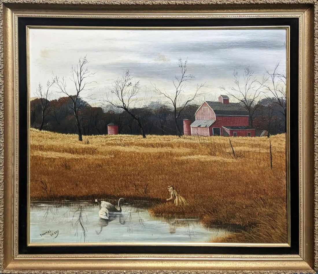 Thomas Kerry CHILDHOOD MEMORY circa 1970: Original painting on board/panel. Hand signed on front by the artist. Image size 19.25 x 23.25 inches. Frame may have some random scratches from storage. Artwork is in excellent condition. Creator: Th
