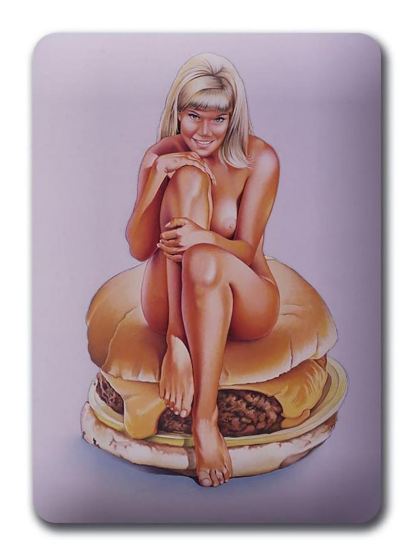 Mel Ramos, 'Barbiburger' 2006, Enamel print on aluminum, Framed: Artist: MEL RAMOS (American, b. 1935) Title: 'Barbiburger' Year: 2006 Enamel print on aluminum Image: 6 x 4 inches (15.2 x 10.2 cm) Framed: 14 x 12 inches Published by Galerie der Moderne, Mains, Germ