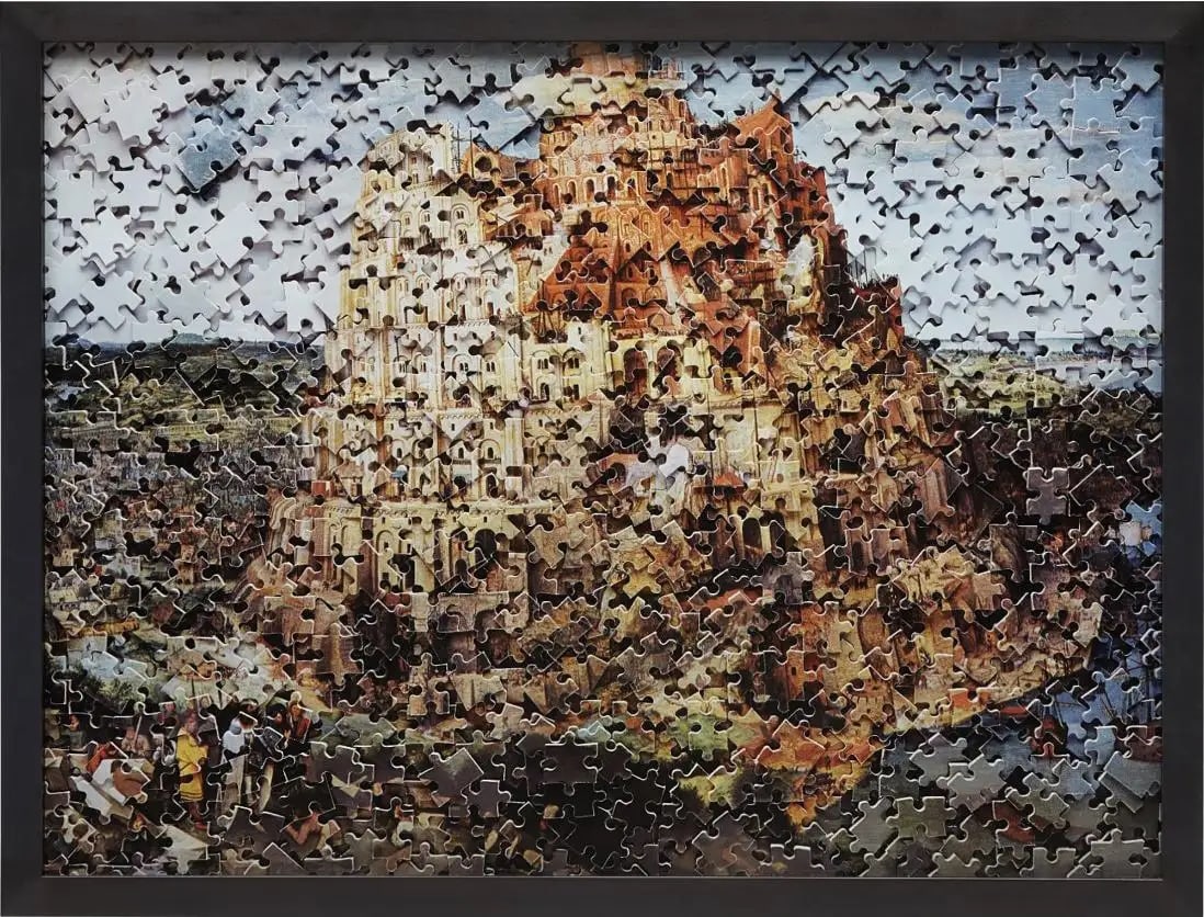 Vik Muniz THE TOWER OF BABEL , AFTER PIETER BRUEGEL (GORDIAN PUZZLE) 2007: Chromogenic print. Signed and dated "Vik Muniz 2007" on a label affixed to the reverse. From the edition of 6. Custom framed as pictured. The artwork is in excellent condition. Creator: Vik Muniz (196