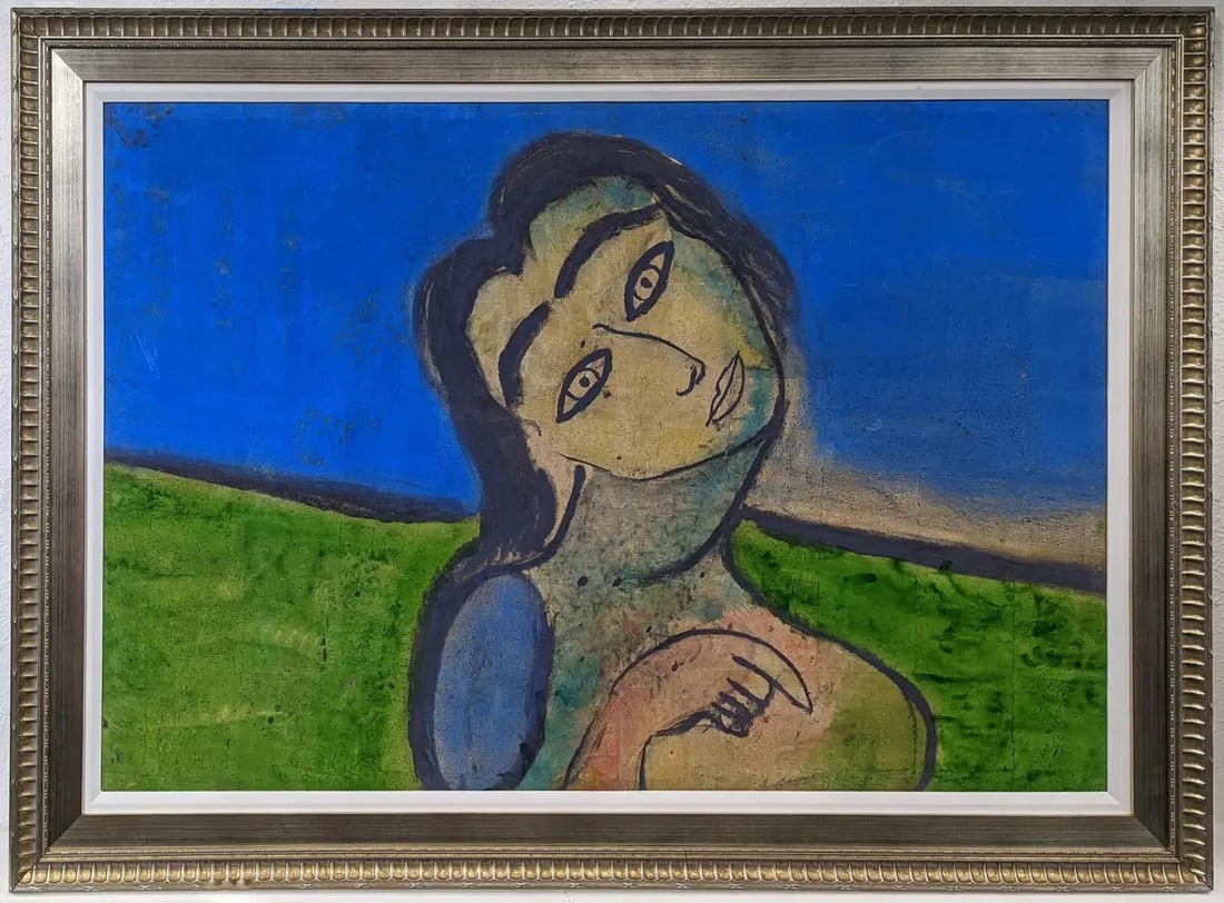 Jamali UNTITLED PAINTING (PORTRAIT): Original pigmentation on cork painting. Custom framed as pictured. Frame size appox 48 x 66.5 inches. Creator: Jamali (1944, Pakistani) Dimensions: Height: 39 in (99.06 cm)Width: 57 in (144.78 cm) Med