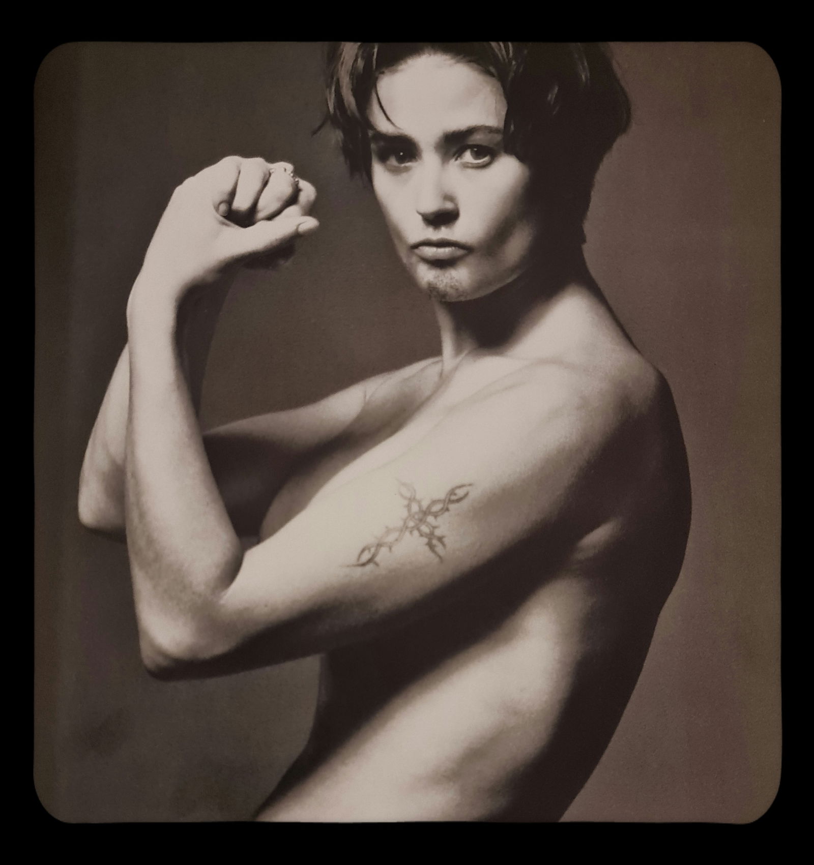 Michel Compte, Demi Moore imitating goatee, 1993: Photographer: Michel Comte (born 19 February 1954) is a Swiss artist, filmmaker, fashion and portrait photographer. Subject/Title: Frida Kahlo Date Of Negative: 1993 Type Of Print: Sheet Fed Photograv