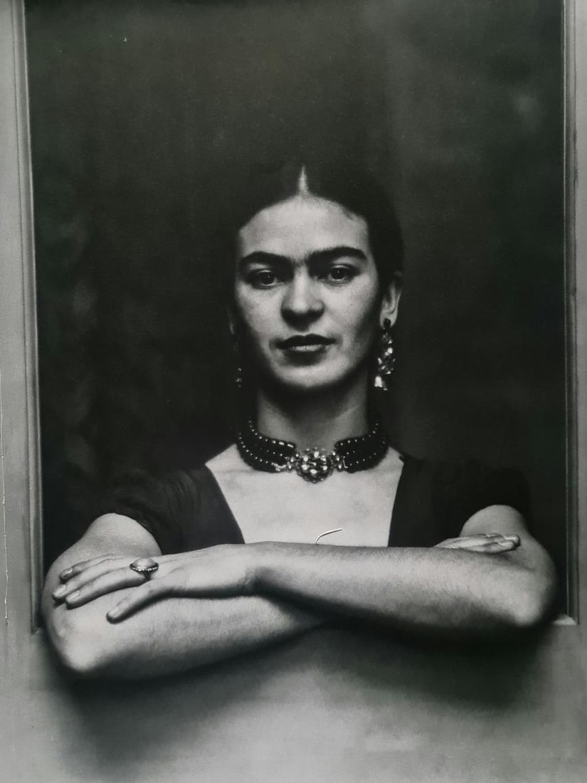 Frida Kahlo, Arms Crossed: Subject:Arms crossed Subject/Title- Frida Kahlo Photos Type Of Print: Authentic Vintage Sheet Fed Photogravure/Heliogravure Date Of Print: 2021 Publisher: Taschen GmbH Paper: Medium weight, clay coat