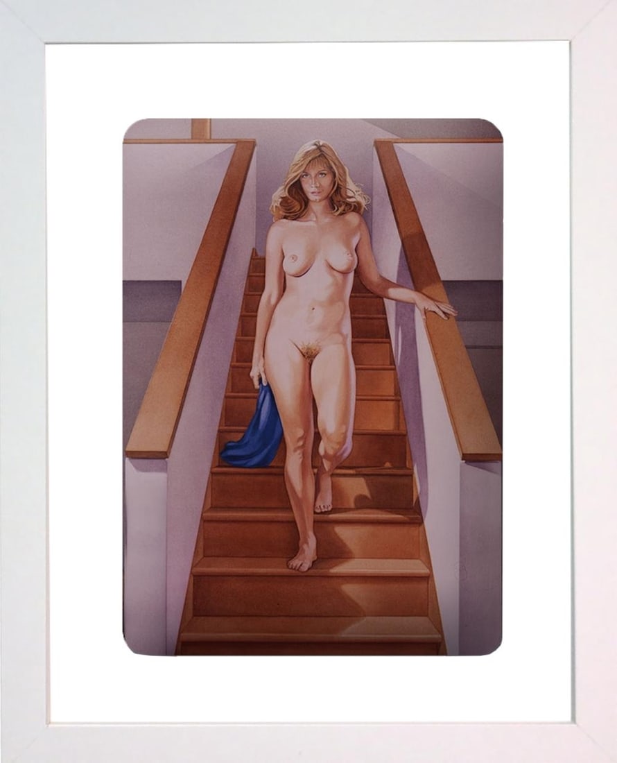 Mel Ramos, 'Stair' 2006, Enamel print on aluminum, Framed: Artist: MEL RAMOS (American, b. 1935) Title: 'Stair' Year: 2006 Enamel print on aluminum Image: 6 x 4 inches (15.2 x 10.2 cm) Framed: 14 x 12 inches Published by Galerie der Moderne, Mains, Germany Co