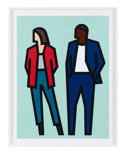 Julian Opie 'Carmen and Fabien (From Standing Couples)': Artist: Julian Opie Title: Carmen and Fabien (From Standing Couples) Medium: Relief With Collage On Archival Museum Board Date: 2024 Edition: Of 50 Size: 39.37 x 29.75 inches Additional Details: From