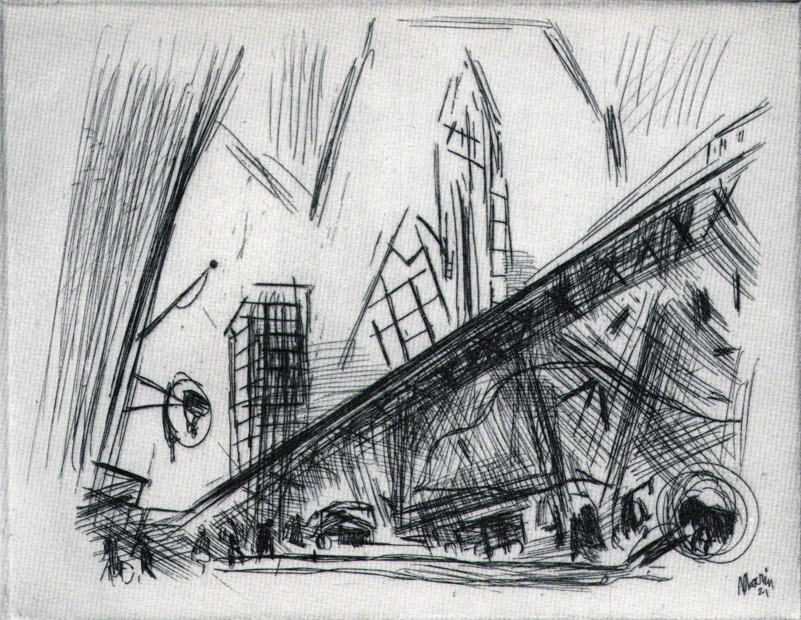 John Marin, Downtown New York, 1923: Artist: John Marin Title: Downtown New York Date Of Negative: 1923 Type Of Print: Vintage Photogravure/Lithograph, Printed from the original plate Date Of Print: 1939 (82 years old print) Paper: Mediu