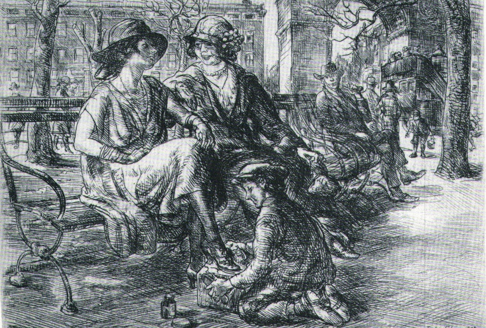 John Sloan, Shine, Washington Square, 1923: Artist: John Sloan Title: Shine, Washington Square Date Of Negative: 1923 Type Of Print: Vintage Photogravure/Lithograph, Printed from the original plate Date Of Print: 1939 (82 years old print) Paper