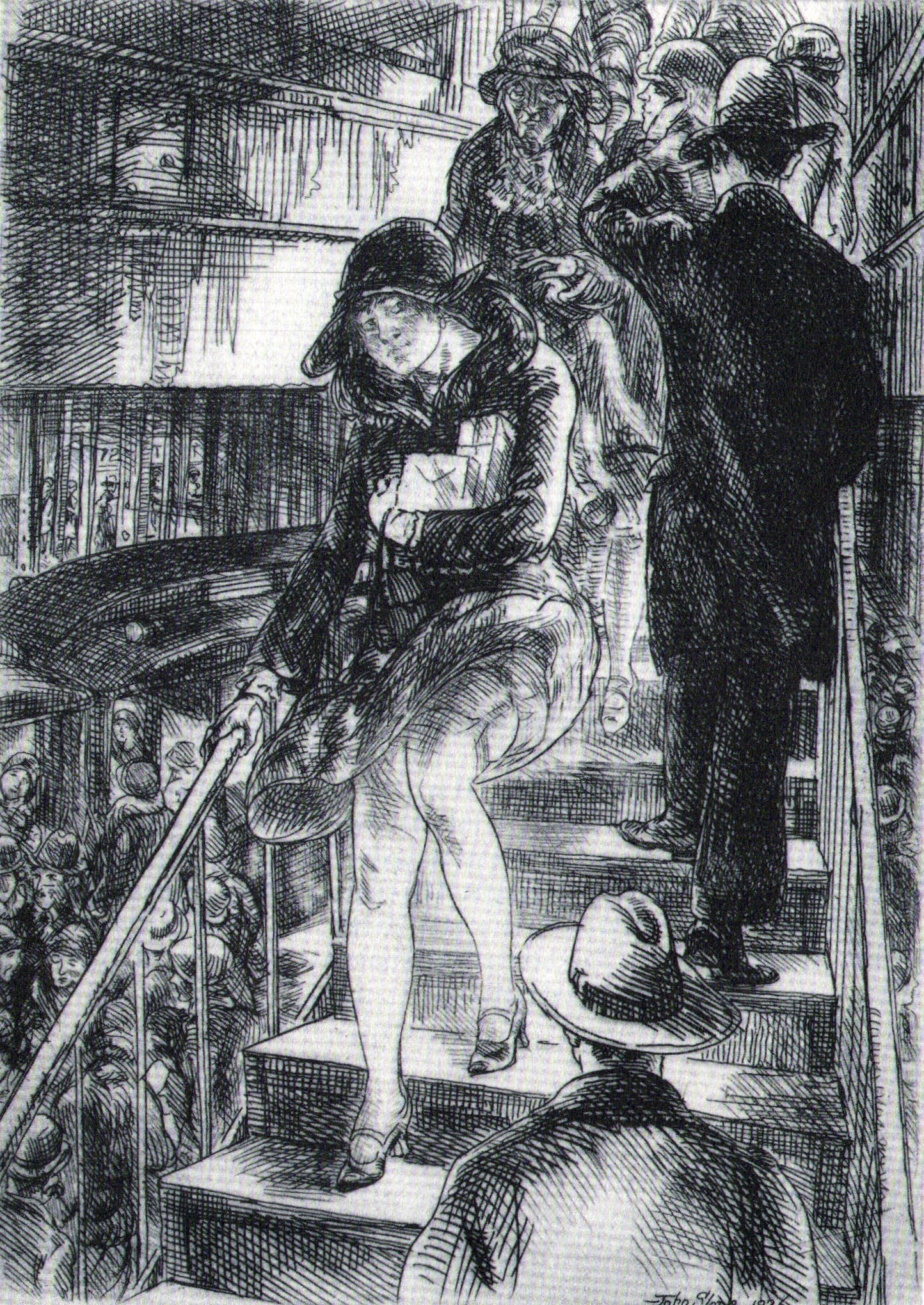 John Sloan, Subway Stairs, 1929: Artist: John Sloan Title: Subway Stairs Date Of Negative: 1929 Type Of Print: Vintage Photogravure/Lithograph, Printed from the original plate Date Of Print: 1939 (82 years old print) Paper: Medium we