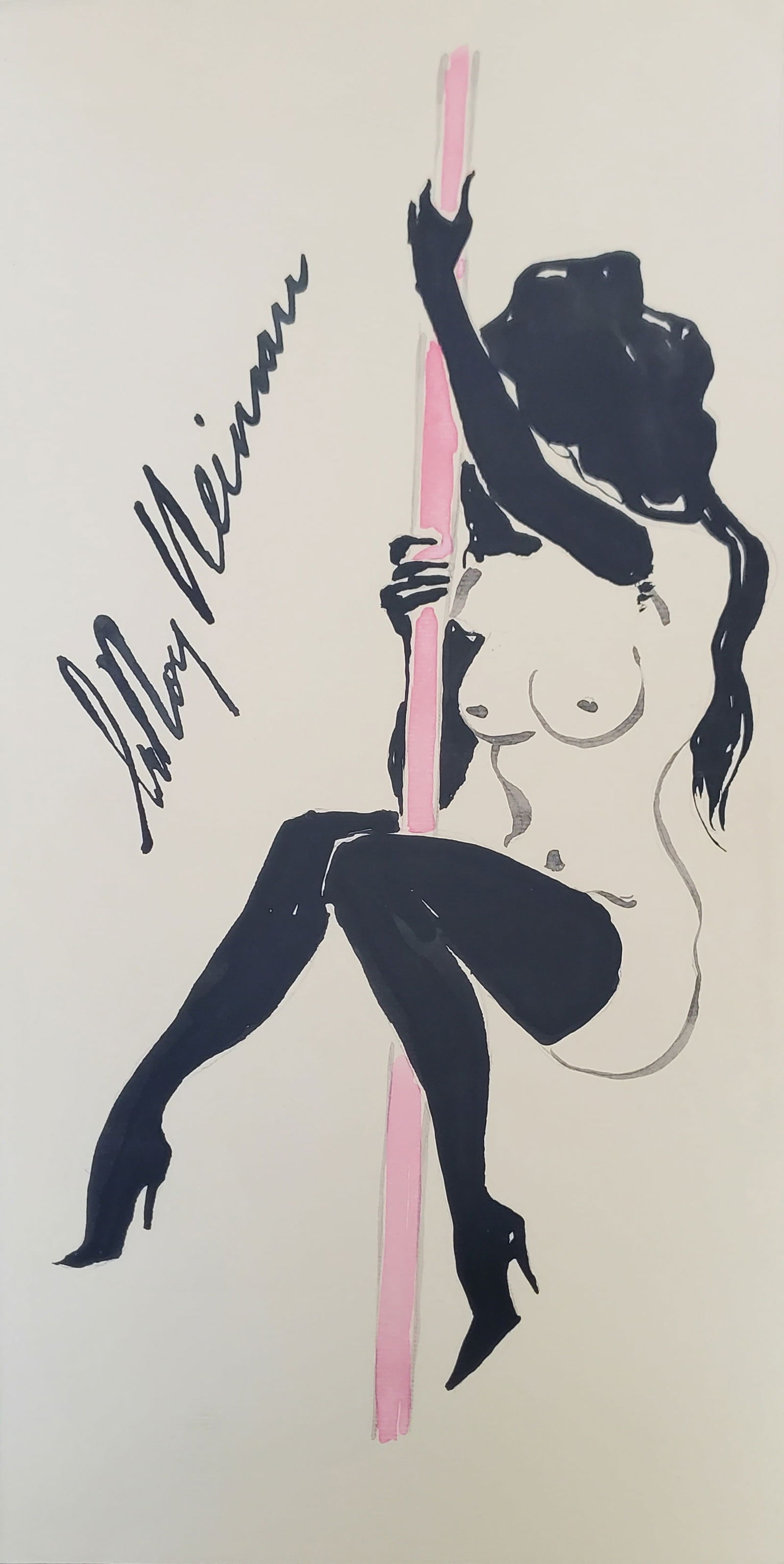 LeRoy Neiman, Playboy Femlin works the pole IV, Original Signed Watercolor Drawing (1 of 2)
