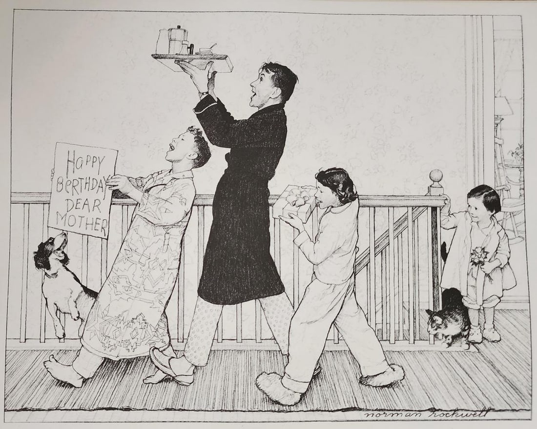Norman Rockwell, Mother's Birthday - 1963: Norman Rockwell "Mother's Birthday - 1963" from the "American Family Life" portfolio, Sketch Drawing 1950s for Massachusetts Mutual Company Media: offset lithograph on heavy cardstock paper Licensed p
