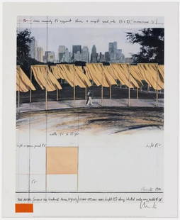 Christo 'The Gates-Central Park - 1986', Hand signed Offset Lithograph: Artist: Christo Title: 'The Gates-Central Park - 1986' Type: Hand signed Offset lithograph in colors, fabric swatch Size: 29 × 22 3/4 in | 73.7 × 57.8 cm Condition: In excellent condition