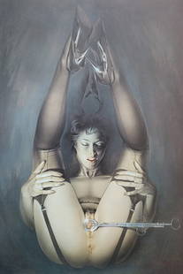 Hajime Sorayama, 'Untitled' (too hot to handle)' Large offset lithograph, 1993: Artist: Hajime Sorayama Title: 'Untitled' (to hot to handle) Medium: Ofset lithograph Year: 1993 Size: 14 x 9 Inces Matted Size: 20 x 16 Inches Condition: Excellent