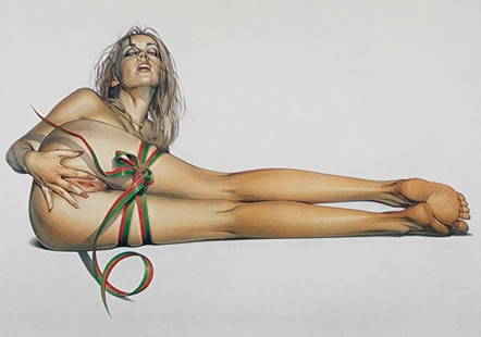 Hajime Sorayama, 'Untitled' (too hot to handle)' Large offset lithograph, 1993: Artist: Hajime Sorayama Title: 'Untitled' (to hot to handle) Medium: Ofset lithograph Year: 1993 Size: 14 x 9 Inces Matted Size: 20 x 16 Inches Condition: Excellent