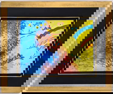 Peter Max,' Cosmic Flyer', Orignal Mixed Media Water Color Painting, C.1990: Artist: Peter Max Title: Cosmic Flyer Medium: Mixed Media On Paper Edition: Original Size: 15"x11" inches Hand signed by the artist Frame size 22.25"x18.25" inches Condition: Excellent Certificate