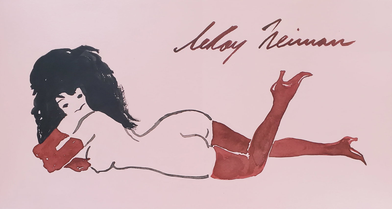 LeRoy Neiman, Playboy Femlin in red rests on her stomach, Original Signed Watercolor Drawing (1 of 2)