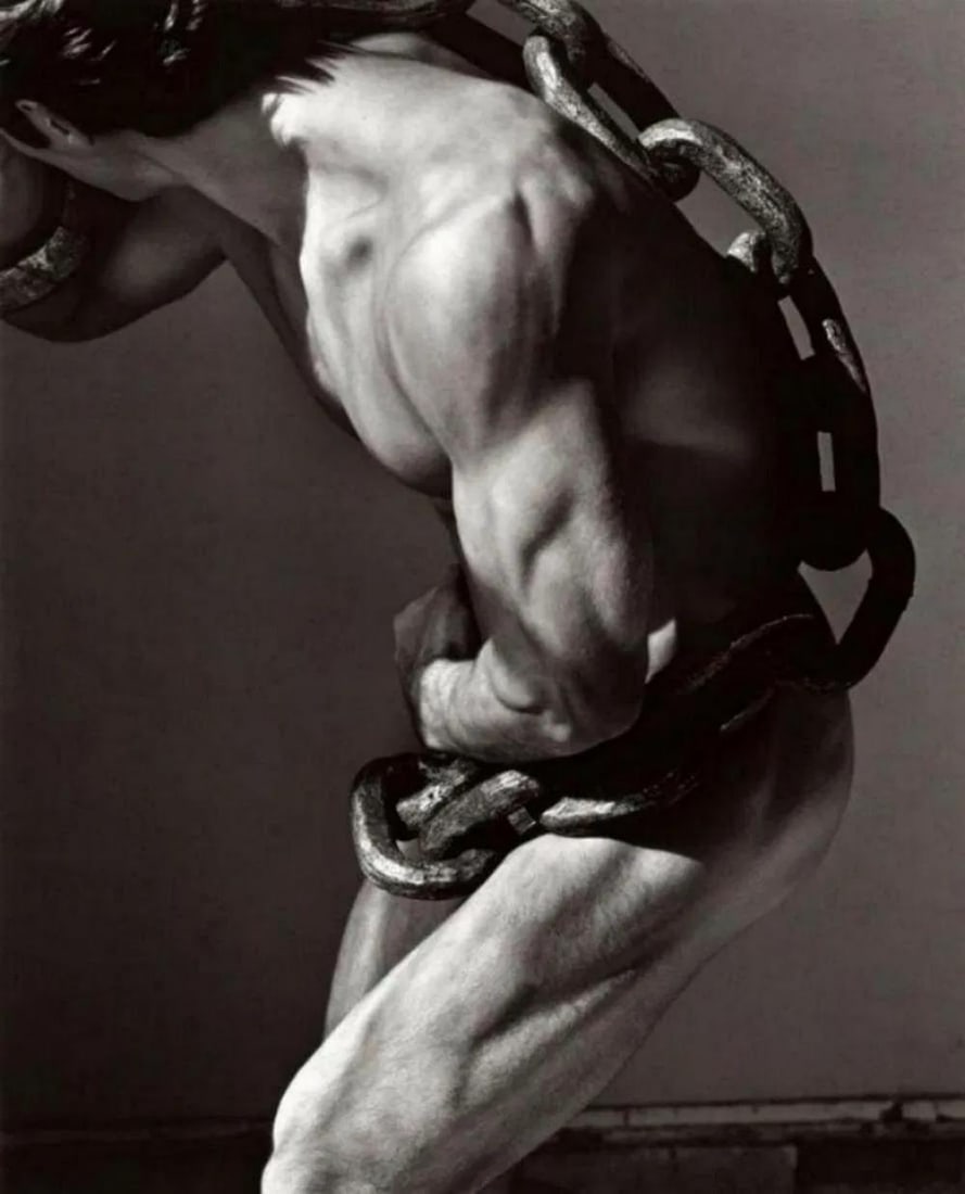 Herb Ritts, Man with Chain, Los Angeles, 1985: Photographer: Herbert "Herb" Ritts (American, 1952 - 2002) - renowned fashion, art and celebrity photographer. Subject: "Herb Ritts, Man with Chain, Los Angeles, 1985" Type Of Print: Fine Duotone Phot