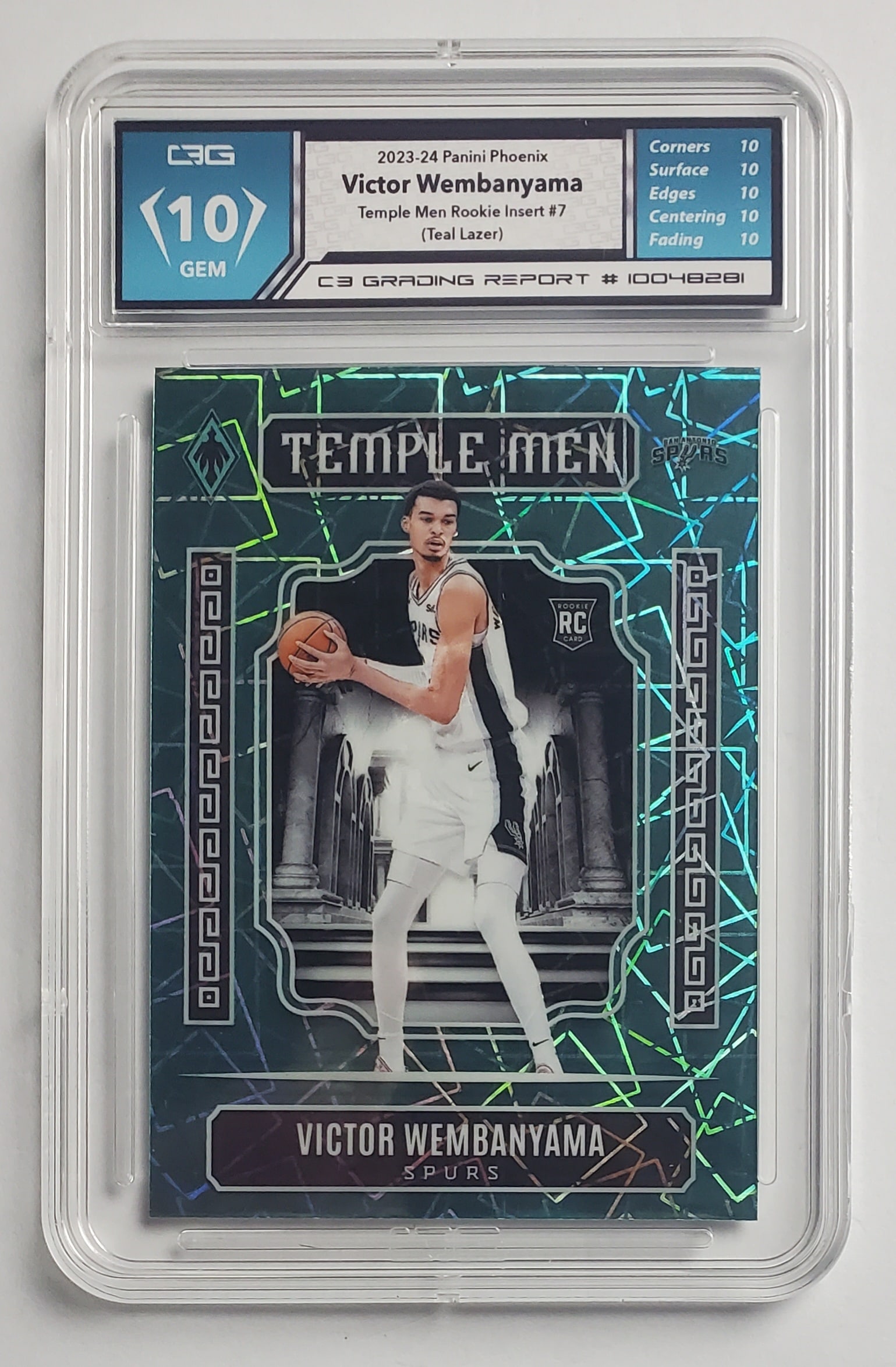 Victor Wembanyama 2023-24 Panini Phoenix Temple Men Rookie Insert Teal Lazer Basketball Card Gem (1 of 2)