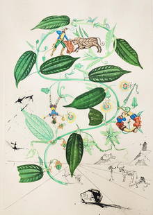 Salvador dali 'Passiflora lauigera - 1968' Etching, Signed & numbered 1968: Artist: Salvador Dali Title: Passiflora laurigera (Le vine, Passionflower) Portfolio: 1968 Flora Dalinae Medium: Photoliths with original engraved remarques and color on Japon paper Date: 1968 Edition