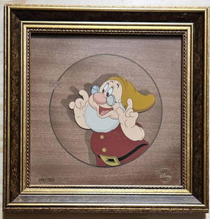 Disney, 'Snow White - Doc', Limited Edition Courvoisier: Studio: Walt Disney Title: 'Doc' from Snow White and the Seven Dwarfs Medium: hand-painted and hand-inked with a wood veneer background Date: 1997 Character: Doc Edition: 258/750 Framed: Yes Size: 10"