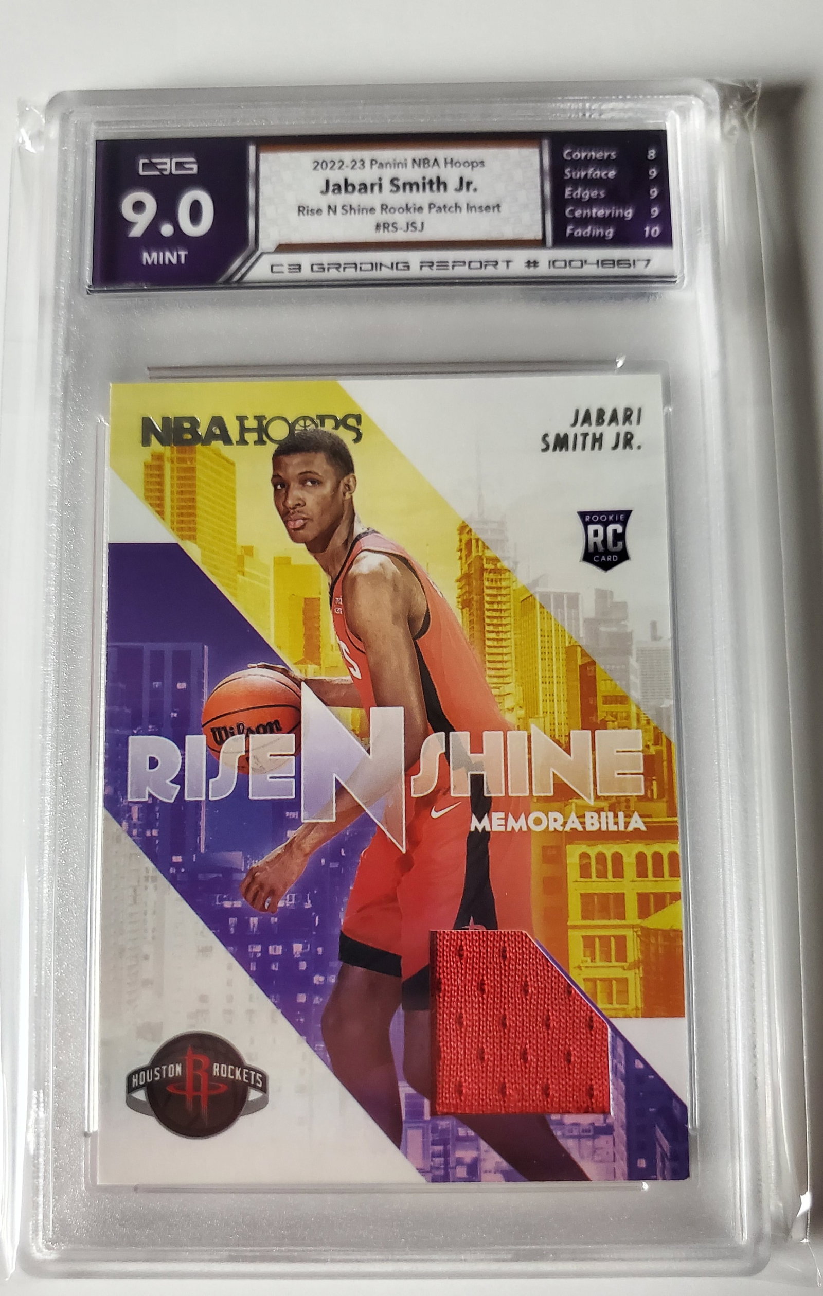 Jabari Smith Jr. 2022-23 Rookie Patch Insert Gem Mint 9: Jabari Smith Jr. 2022-23 Panini NBA Hoops Blue N Shine Rookie Patch Insert Basketball Card Mint 9