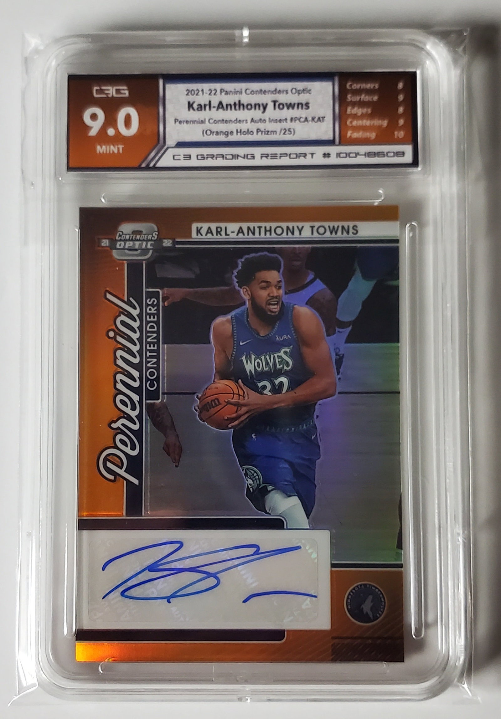 Karl-Anthony Towns 2021-22 Auto Orange Holo Prizm /25 Gem Mint 9: Karl-Anthony Towns 2021-22 Panini Countdown Optic Auto Orange Prizm Basketball Card Gem Mint 9