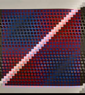 Victor Vaserely, Red and Blue Spheres and Backgrounds 5: Description: Title: Red and Blue Spheres and Backgrounds 5 Type: Monograph on paper, framed Not Signed or numbered, as published Published by Editions Du Griffon Neuchatel in 1971, and printed in Swit