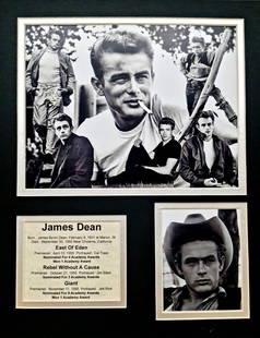 James Dean, Matted Photo Collage: Description Subject:James Dean Matted Photo Collage Type: Photo Reproduction Prints Matt Size: 14" x 11" Country of Origin: USA Condition: Excellent