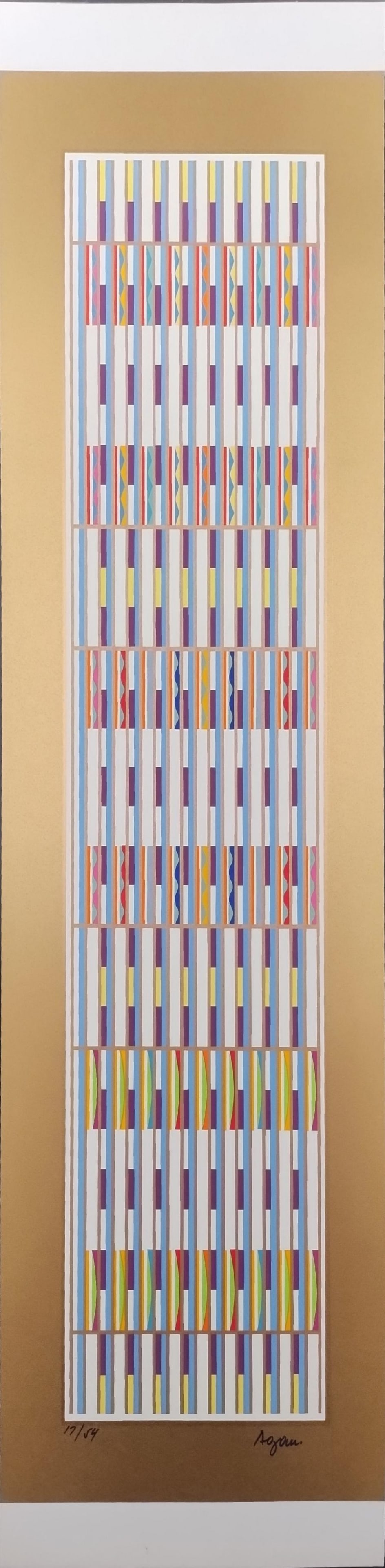 Yaacov Agam, Vertical Orchestration, Serigraph Signed Limited Edition Number 17/54: Description Artist: Yaacov Agam Title: From the VERTICAL ORCHESTRATION portfolio Year: C1980s Dimensions: 26 in. by 8.5 in. Edition: 17/54 Medium: Silk Screen Condition: Excellent Signature Details: H