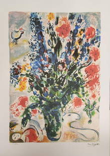 Marc Chagall, 'Le Lupins Bleu', Facsimile: Artist: Marc Chagall. Title: 'Le Lupins Bleu' Dimensions: 27.5 in. by 21in. Condition- Excellent Type: Serigraph / Silk Screen on deckle edged paper Buyers Premium- Marc Chagall was a Jewish artist. A