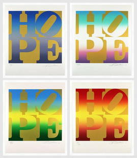 Robert Indiana, 'Four Seasons Of Hope', - 2012: ROBERT INDIANA "FOUR SEASONS OF HOPE" GOLD PORTFOLIO OF 4 SILKSCREENS ON COVENTRY ARCHIVAL RAG PAPER ORIGINAL PORTFOLIO BINDER INCLUDED SHEET SIZE: 35 X 29.5 INCHES (EACH) Edition Size: 82, plus proof