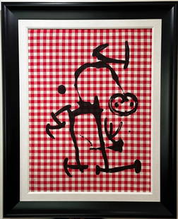 Joan Miro L'Illetre aux Carreaux Rouges litho on red/white cloth Hand Signed ART: Artist: Joan Miro Title: L'Illetre aux Carreaux Rouges Medium: Color lithograph on red & white cloth on Mandeure Chiffon mounted on panel Signed: Hand Signed Edition: 18/75 Measurements: 32.25" x 24.3