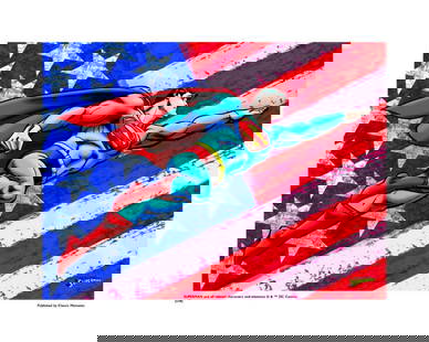 Warner Bros, Dc Comics, Superman, 'Patriotic Background', 16' X 20': Title: Superman, Patriotic Background Subject: DC Comics Publisher: Classic Moments Type: Animation Giclee Paper: MT600 Year Produced: Circa 2000-2010 Size: 16" x 20" Condition: Excellent Licensed by