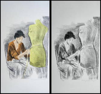 Raphael Soyer, Seamstress Ii Portfolio, 2 Lithographs: Artist: Raphael Soyer Title: Seamstress II Portfolio Medium: 2 Lithographs, 1 printed in color & 1 black and white Original paper portfolio cover Signed: Hand Signed Edition: From the Edition of 300 M