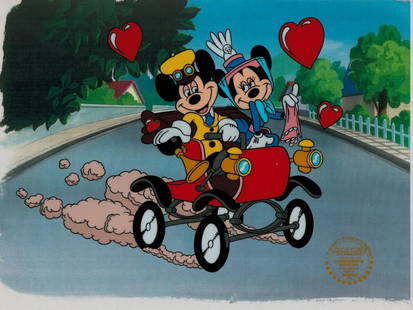 Disney, Nifty Nineties Sericel: Walt Disney, Circa 1990'sCelebrating the 1941 theatrical short. Cozy in a red jalopy, MINNIE MOUSE coyly waves a pink, lace-edged hanky, while MICKEY MOUSE steers, ready to honk the car horn. Hearts s