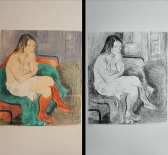 Raphael Soyer, Woman Red Stocking Portfolio, 2 Lithographs: Artist: Robert Stanley (1932 - 1997) Title: Woman in Red Stockings Portfolio Medium: 2 Lithographs, 1 printed in color & 1 black/white Original paper portfolio cover Signed: Hand Signed Edition: 82/30