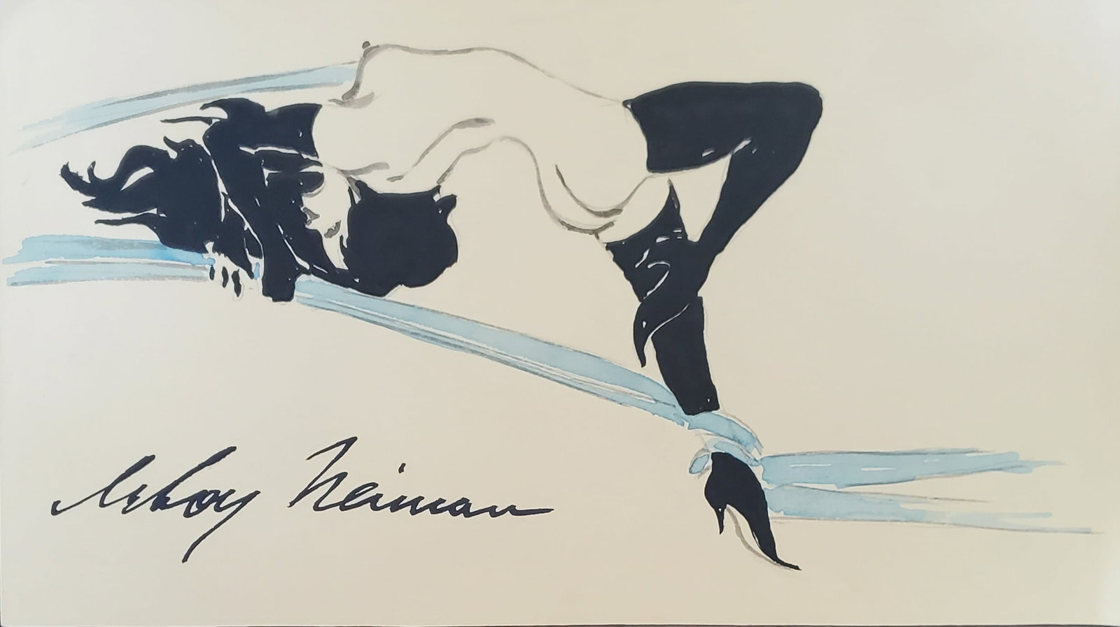 LeRoy Neiman, Playboy Femlin stretches her legs with cloth III, Original Signed Watercolor Drawing: Artist: LeRoy Neiman Title: Playboy Femlin Medium: Watercolor on Paper Subject: Playboy Magazine Femlin Condition: Very Good Size: 11.25 x 6.25 Condition: Very Good - Excellent
