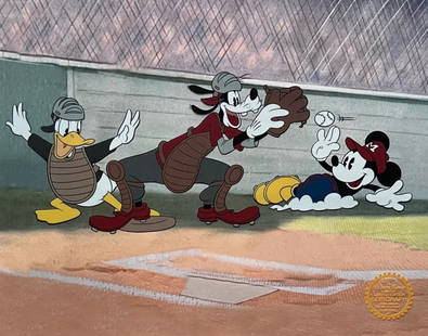 Disney, 'Vintage Mickey Mouse, Goofy & Donald Play Baseball', Limited Edition Animation Cel: Limited edition serigraph cel of Mickey Mouse, Donald Duck and Pluto playing baseball. Disney’s own artists have selected this scene from the original animation drawings used to produce this classic