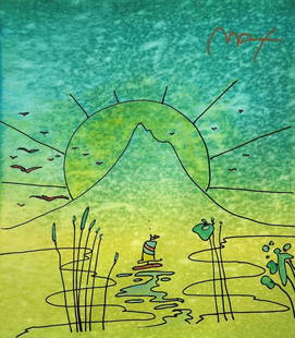 Peter Max 'Sailboat Sunrise' Mixed Media on Paper: Artist: Peter Max Title: Sailboat Sunrise Medium: Mixed Media On Paper Edition: Original Size: 13.5"x11.75" inches Hand signed by the artist Frame size 22.25"x18.25" inches Condition: Excellent