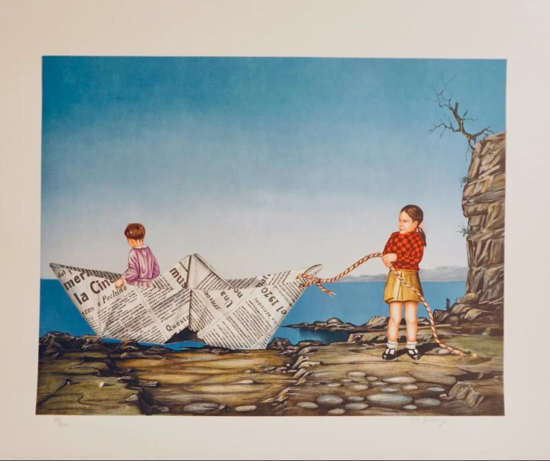 Tito Salomoni, Toy Boat, Hand-Signed & Numbered: Artist: Tito Salomoni Title: Toy Boat Medium: Lithograph Signed: Hand Signed Edition: Edition of 200 Measurements: 23 x 29 Condition: Excellent Salomoni was an Italian surrealistic painter, whose awar
