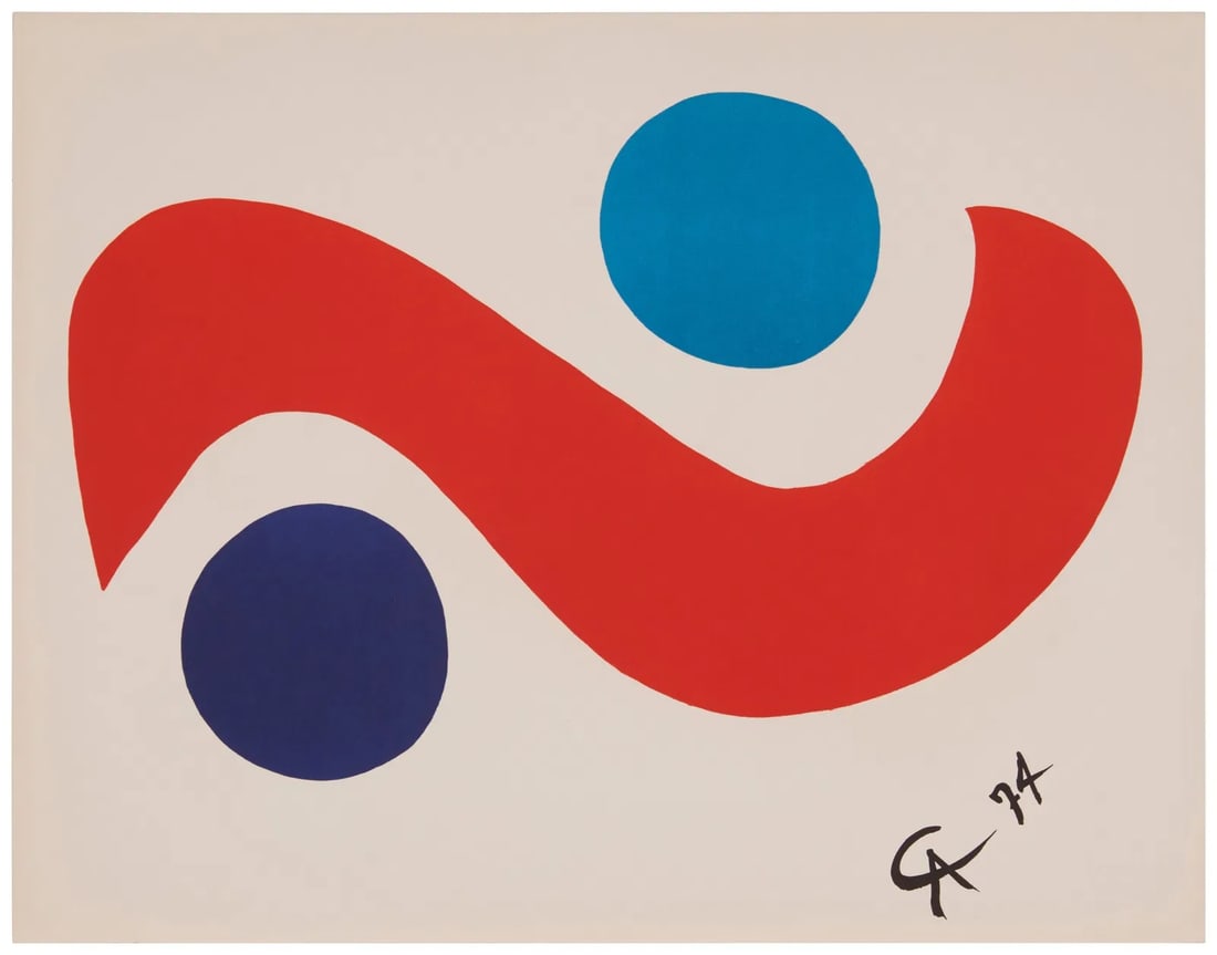 Alexander Calder, 'Skybird' from Flying Colors suite 1974-1975: Artist: Alexander Calder (1898-1976) Title: "Skybird" (from the Braniff International Airways Flying Colors Collection) Year: 1974-75 Medium: Lithographs on Arches paper Size: 20 x 26 inches Condition