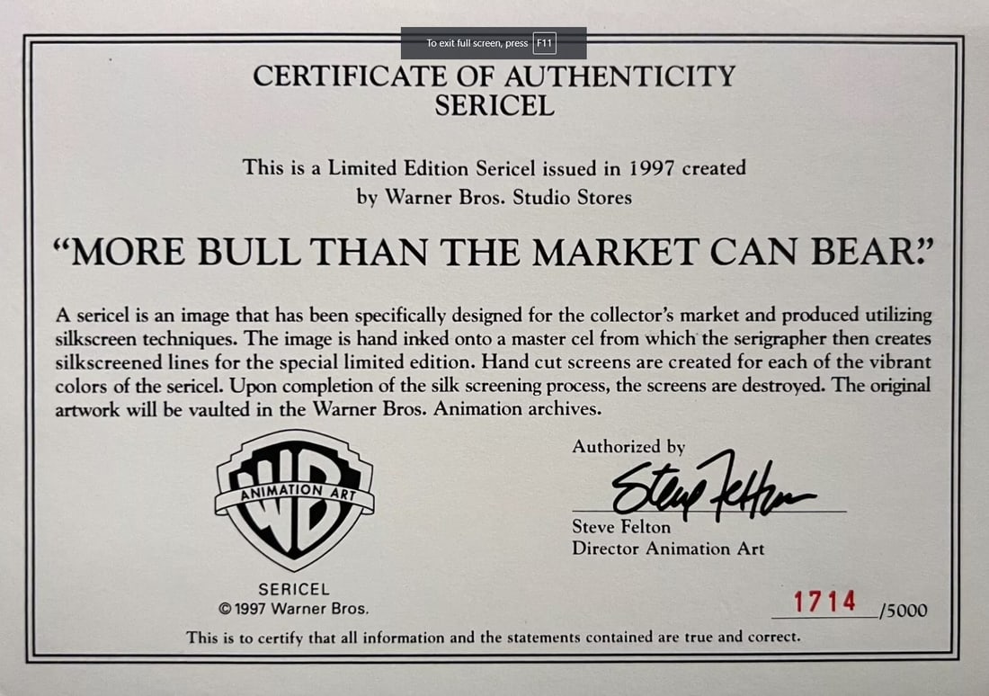 Warner Bros, Daffy Duck - More Bull Stock, Limited Edition Animation Cel (1 of 1)